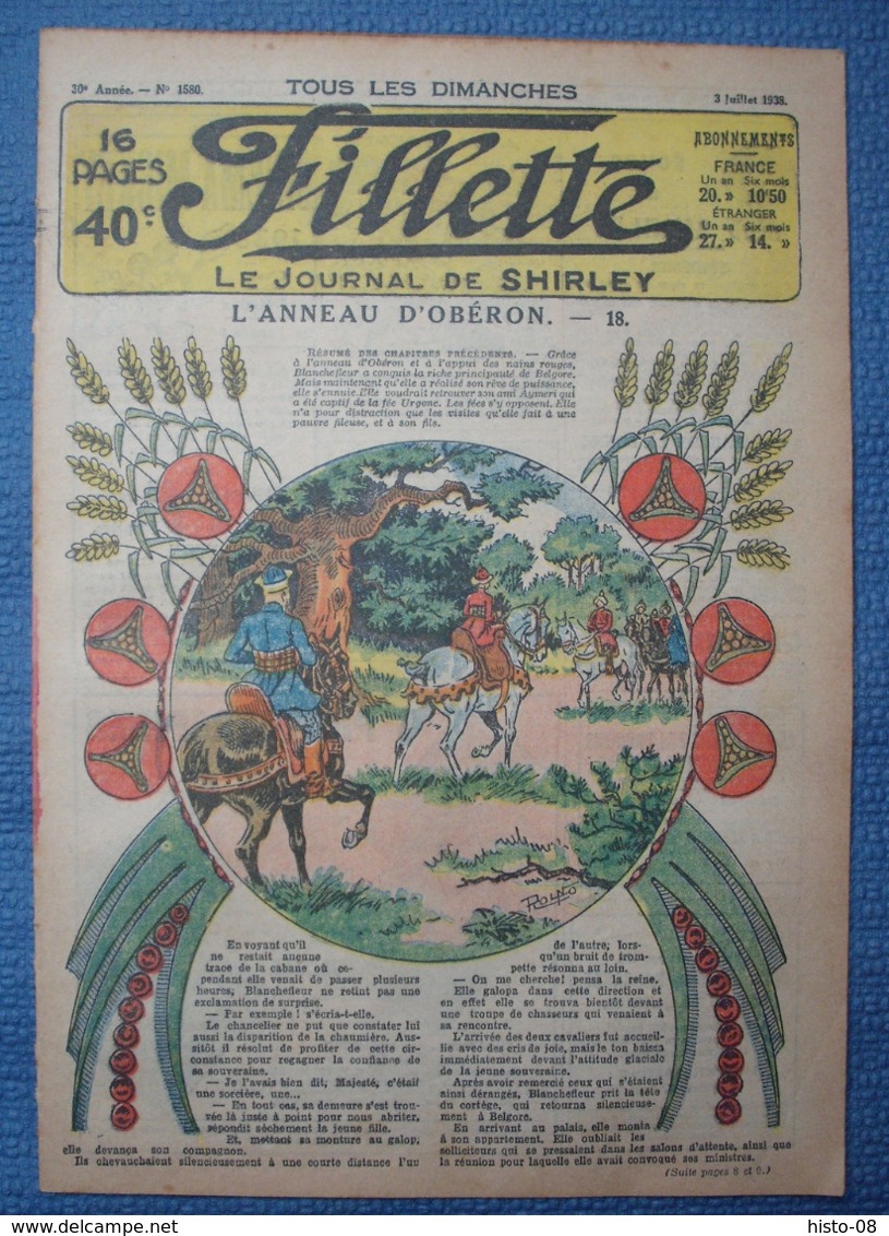 FILLETTE : 1938 : LOT De 5 Numeros : 1578 - 1579 - 1580 - 1581 - 1582  : L'ANNEAU D'OBERON    -   BLANCHE NEIGE .. - Fillette