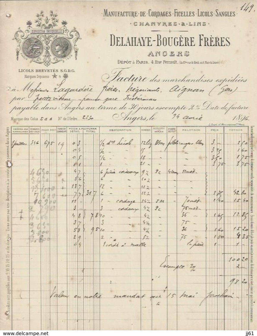 ANGERS DELAHAYE BOUGERE CHANVRES LINS MANUFACTURE DE CORDAGES FICELLES LICOLS SANGLES ANNEE 1896 - Sonstige & Ohne Zuordnung