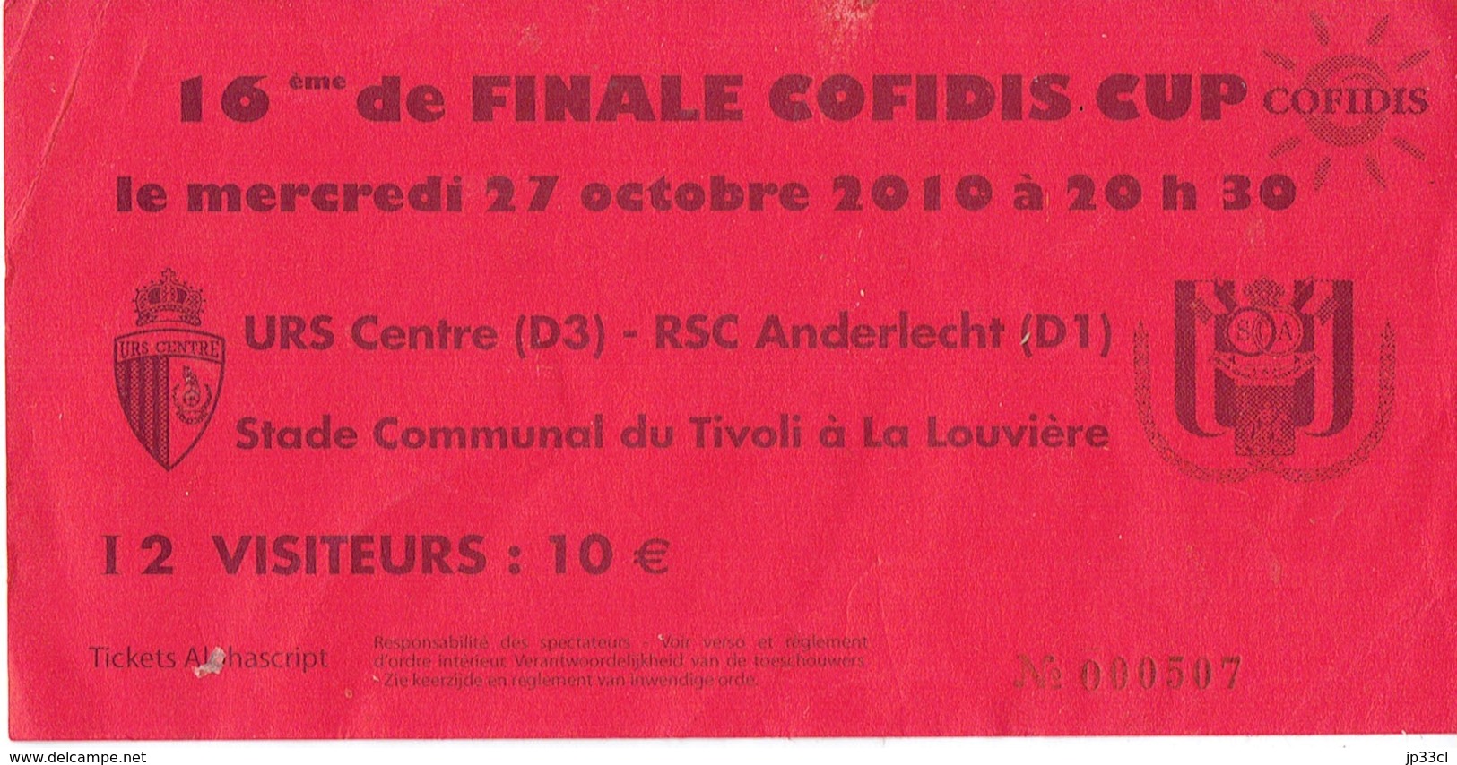 Football Ticket D'entrée Au Match URS Centre-Anderlecht 16e De Finale Cofidis Cup 2010 - Tickets D'entrée