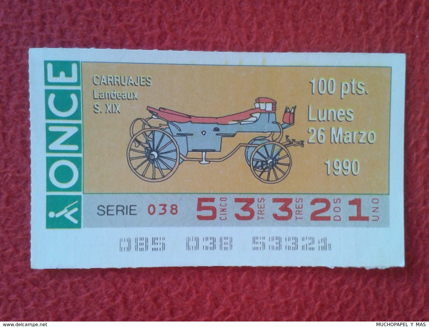 CUPÓN DE ONCE SPANISH LOTTERY LOTERIE SPAIN CIEGOS BLIND LOTERÍA CARRUAJES CARRUAJE CARRIAGE CARRIAGES LANDEAUX XIX VER - Billetes De Lotería