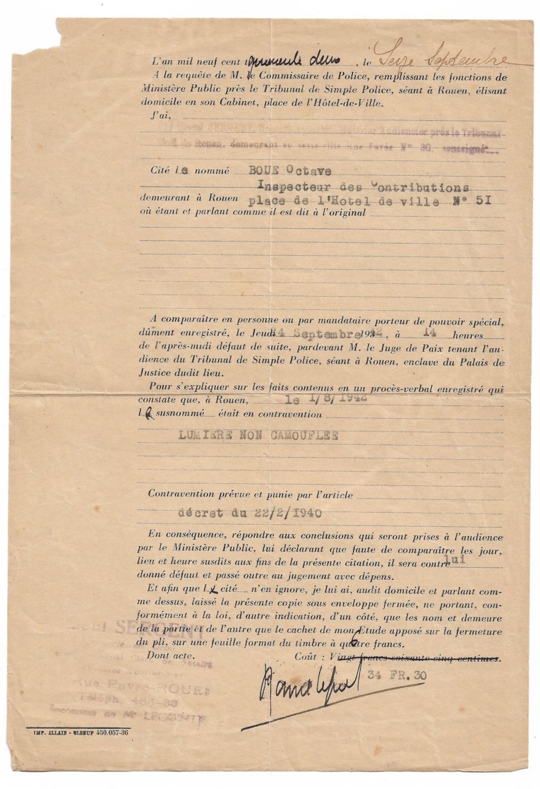 WW2  ROUEN  1942  Contravention Pour "lumière Non Camouflée" - Non Classés