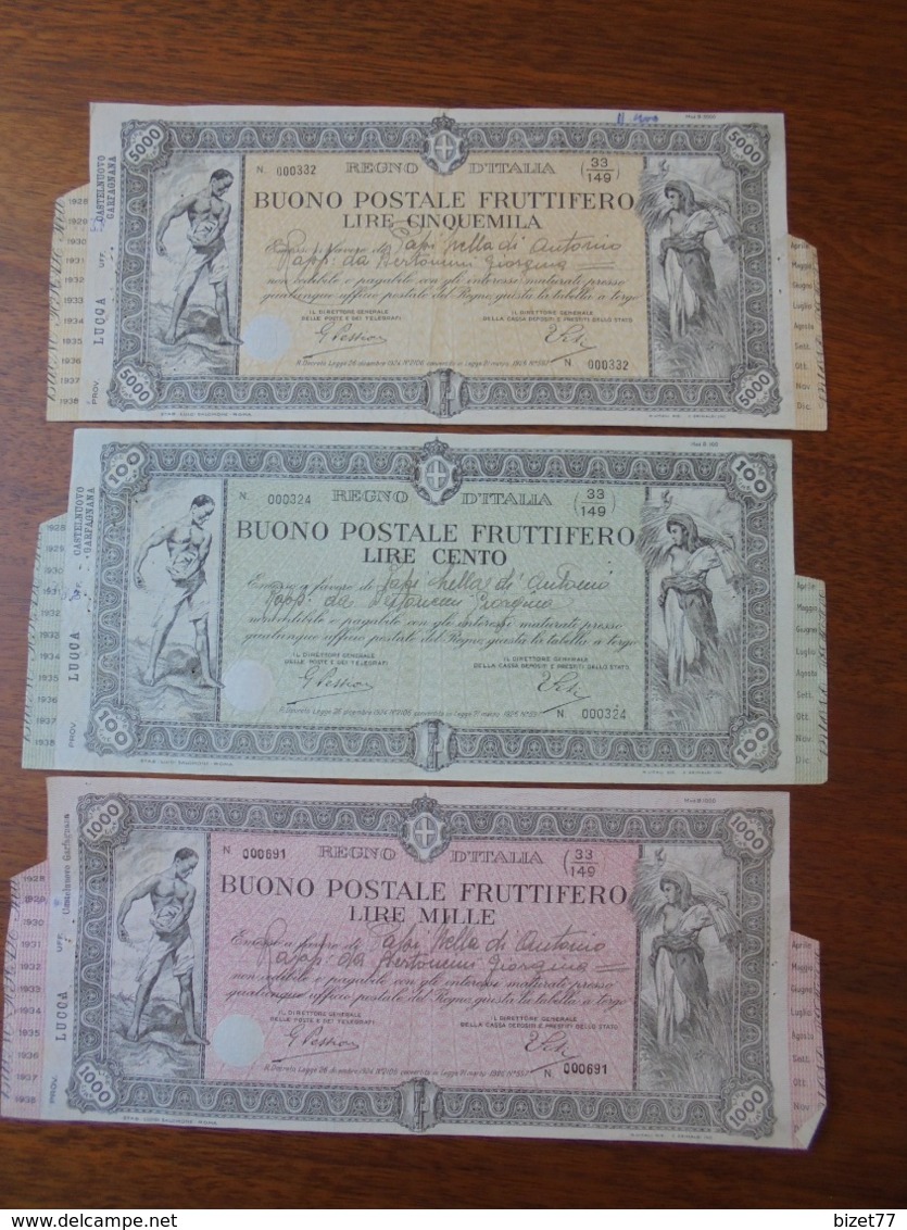 ITALIE -  LOT DE 3 BILLETS : 100, 1000, 5000 LIRES - BUONO POSTALES FRUITTIFERO - BELLE DECO - Autres & Non Classés