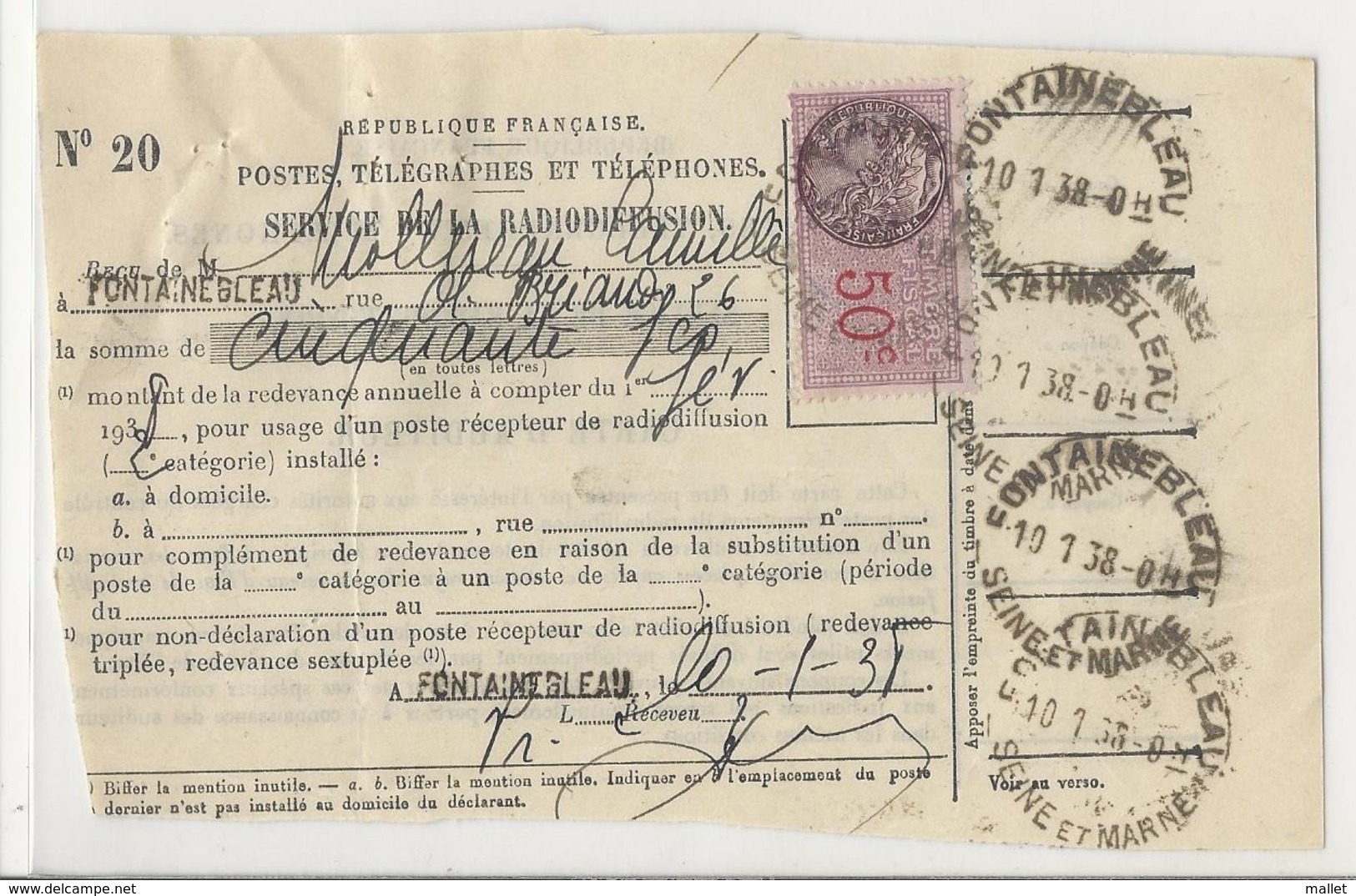 Service De La Radiodiffusion - Fontainebleau, 1938 - Carte D'auditeur - Timbre Fiscal 50 Cts - Lettres & Documents