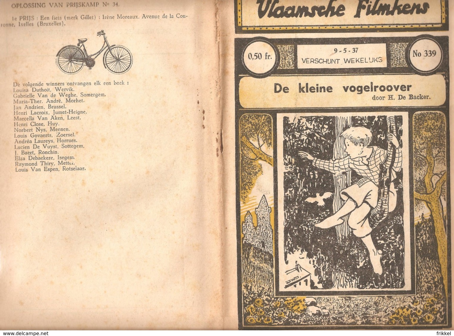 Vlaamsche Filmkens 339 De Kleine Vogelroover H. De Backer 1937 GROOT FORMAAT: 16x23,5cm Averbode's Jeugbibliotheek - Oud