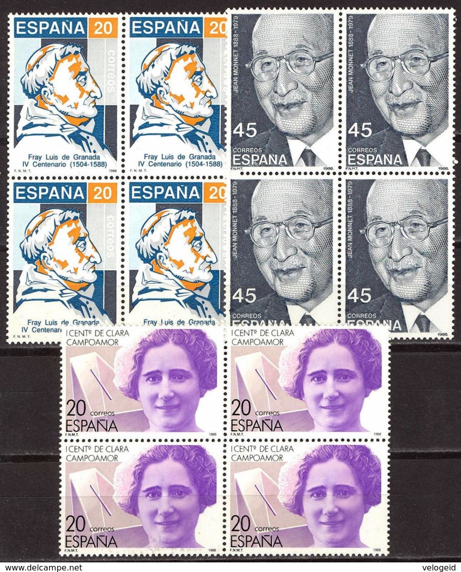 España. Spain. 1988. B4. Centenarios. Clara Campoamor. Jean Monet. Fray Luis De Granada - Ungebraucht