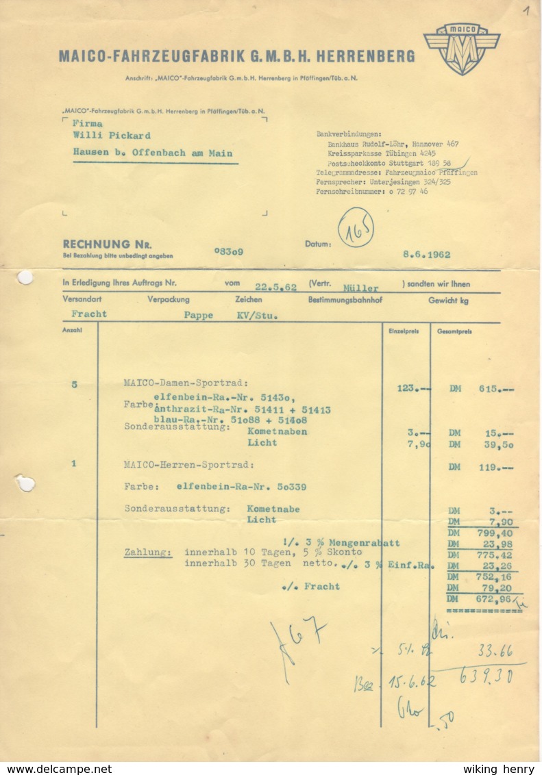 Herrenberg Ammerbuch Pfäffingen - Rechnung Maico Fahrzeugfabrik GmbH - Transporte