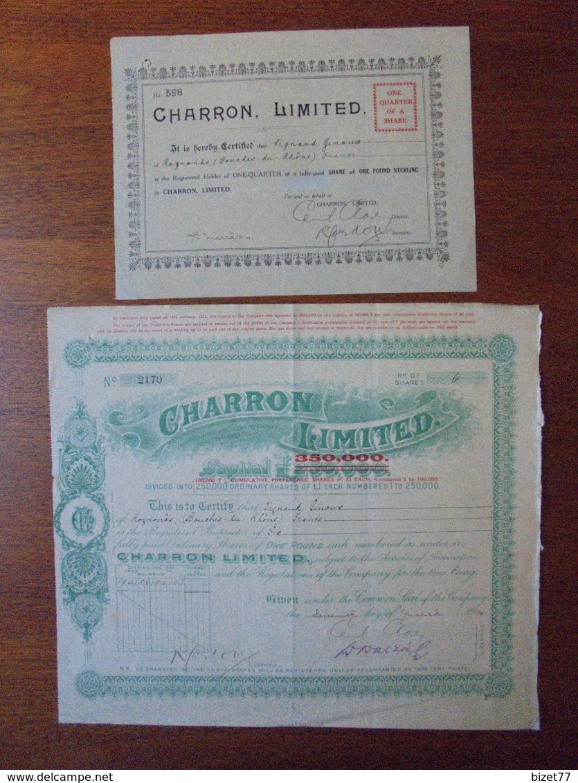 ANGLETERRE, 1914 - AUTOMOBILES : CHARRON LIMITED - LOT DE 2 TITRES DIFFERENTS, VOIR SCANS - Other & Unclassified