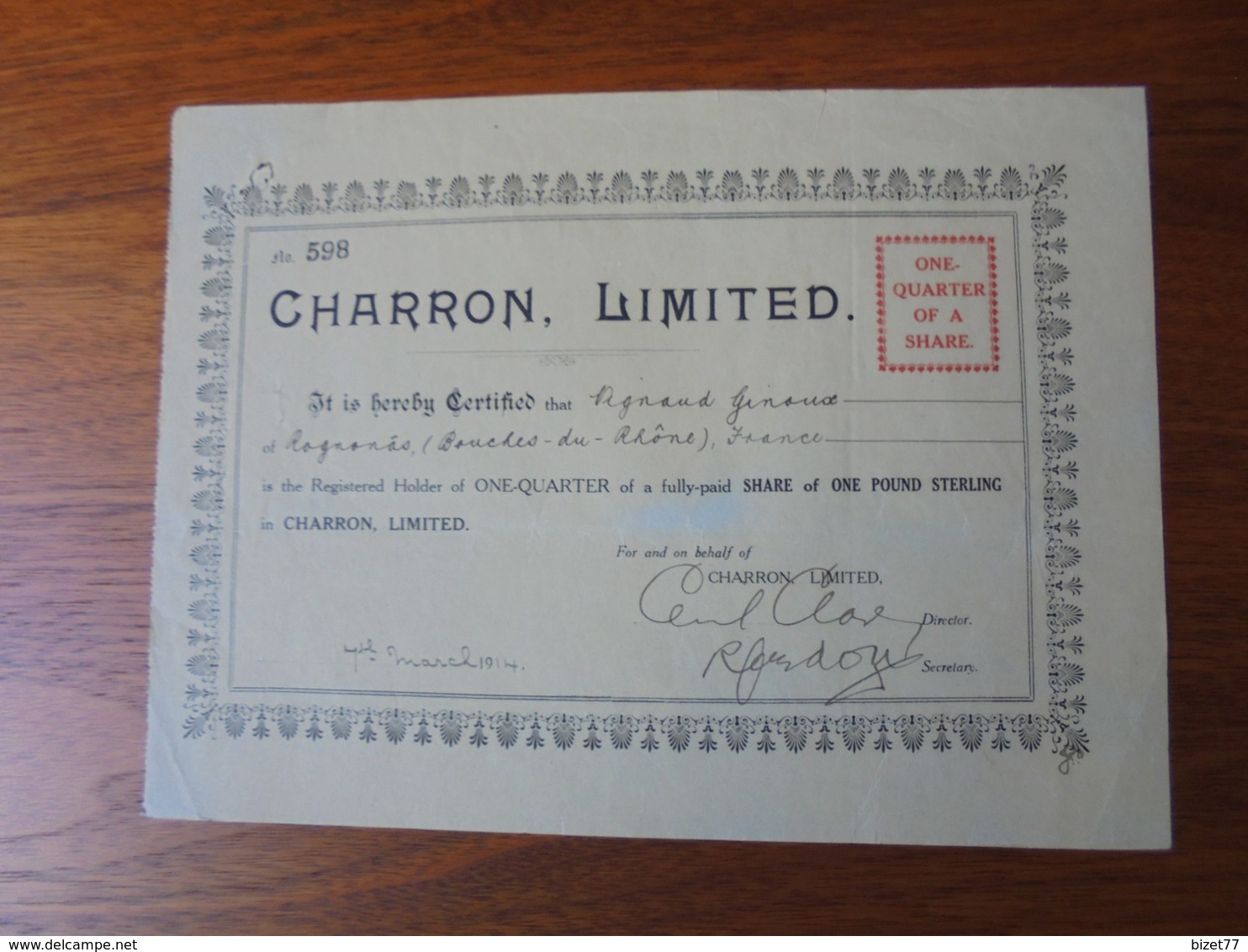 ANGLETERRE, 1914 - AUTOMOBILES : CHARRON LIMITED - LOT DE 2 TITRES DIFFERENTS, VOIR SCANS - Autres & Non Classés