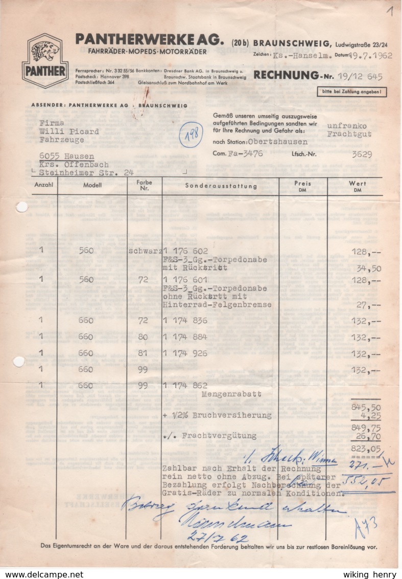 Braunschweig - Rechnung Pantherwerke AG - Transportmiddelen