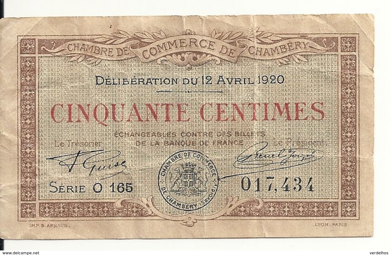 CHAMBRE DE COMMERCE 50 CENTIMES 1920 CHAMBERY - Chambre De Commerce