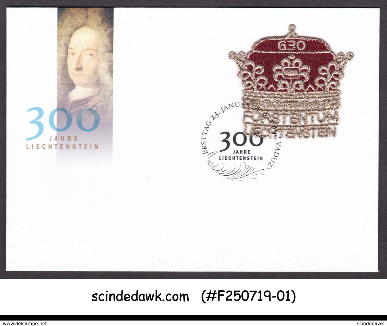 LIECHTENSTEIN - 2019 300th ANNIV.  / EMBRIODED CROWN  WITH GOLDEN THREAD - FDC - FDC