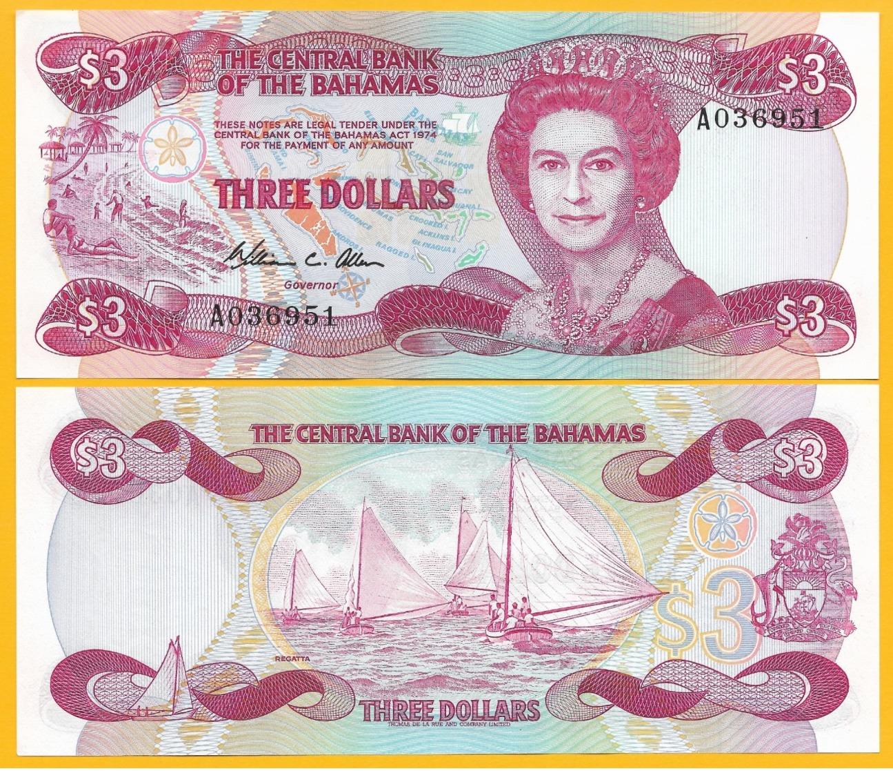 Bahamas 3 Dollars P-44 1984 UNC Banknote - Bahamas