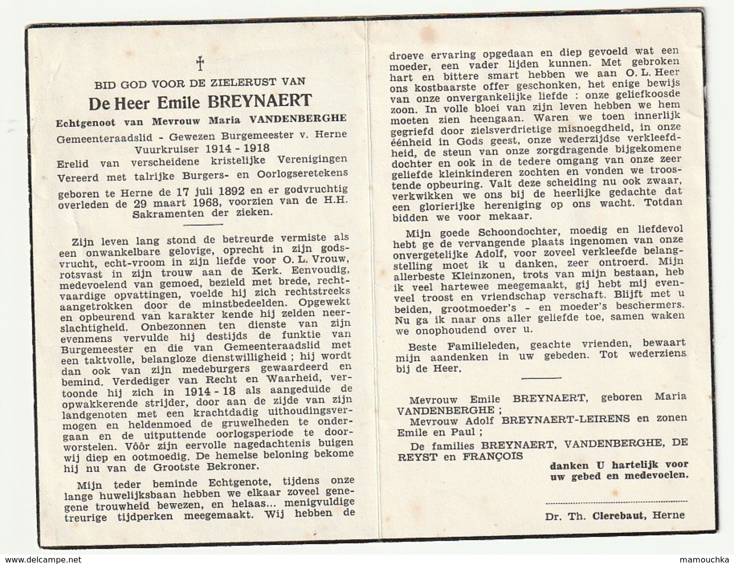 Doodsprentje Emile BREYNAERT Echtg. Vandenberghe Herne 1892 - 1968 Burgemeester Vuurkruiser 14-18 - Devotion Images