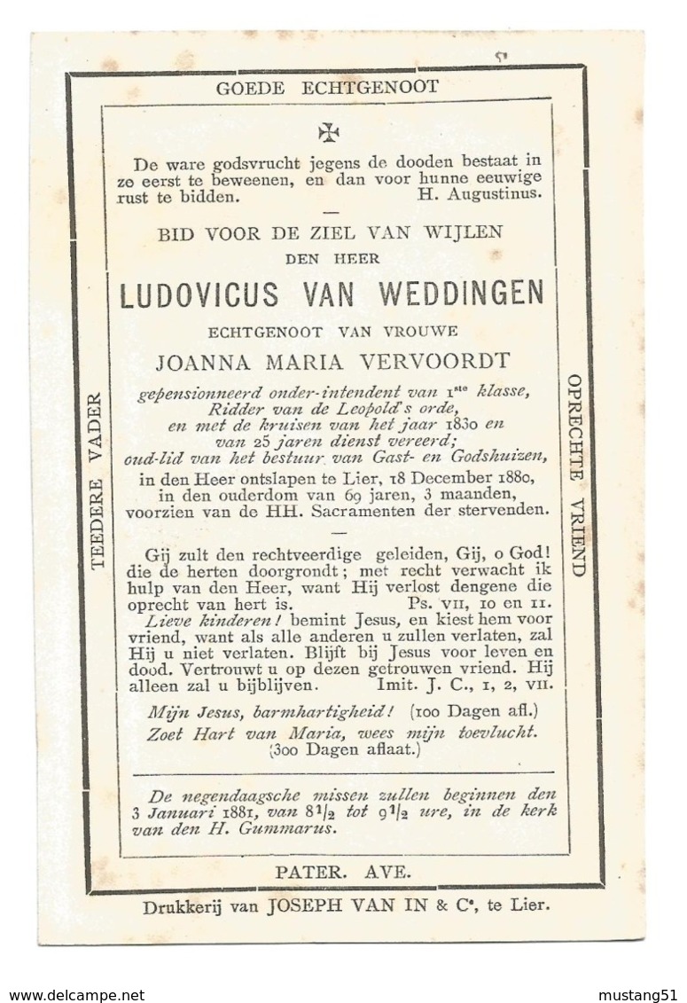 Oud Doodsprentje Ludovicus Van Weddingen Lier 1880 - Santini