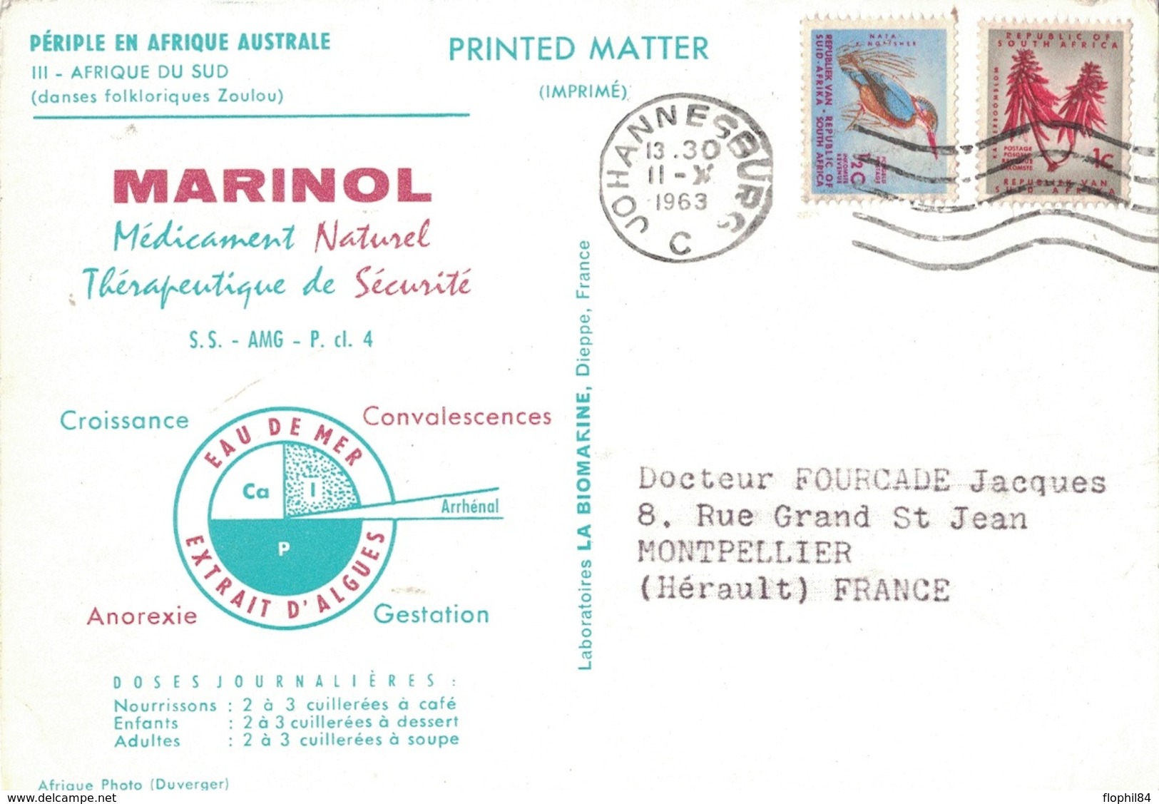 AFRIQUE DU SUD - MARINOL - IONYL- PERIPLE EN AFRIQUE AUSTRALE - 1963/64 - JOHANNESBURG. - Lettres & Documents