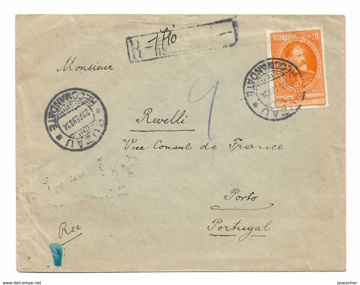 1934 BUZAU ROMANIA TO PORTO PORTUGAL REGISTERED COVER, SPAIN TRANSIT MARKINGS KING FERDINAND STAMP - Covers & Documents