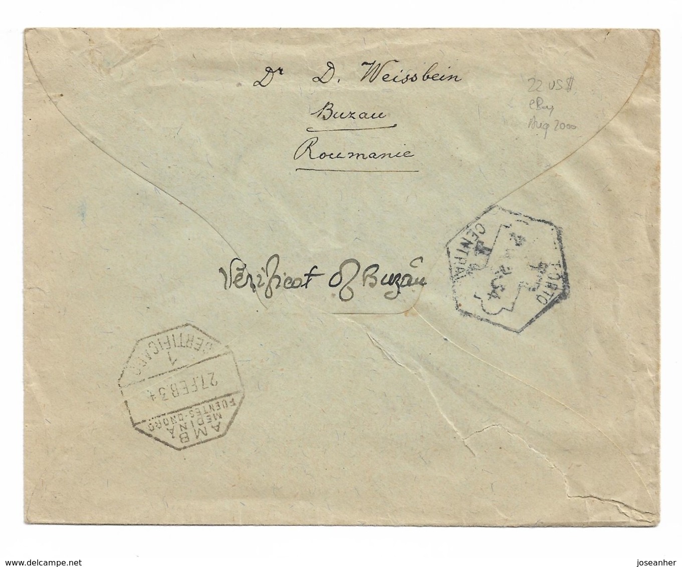 1934 BUZAU ROMANIA TO PORTO PORTUGAL REGISTERED COVER, SPAIN TRANSIT MARKINGS KING FERDINAND STAMP - Briefe U. Dokumente