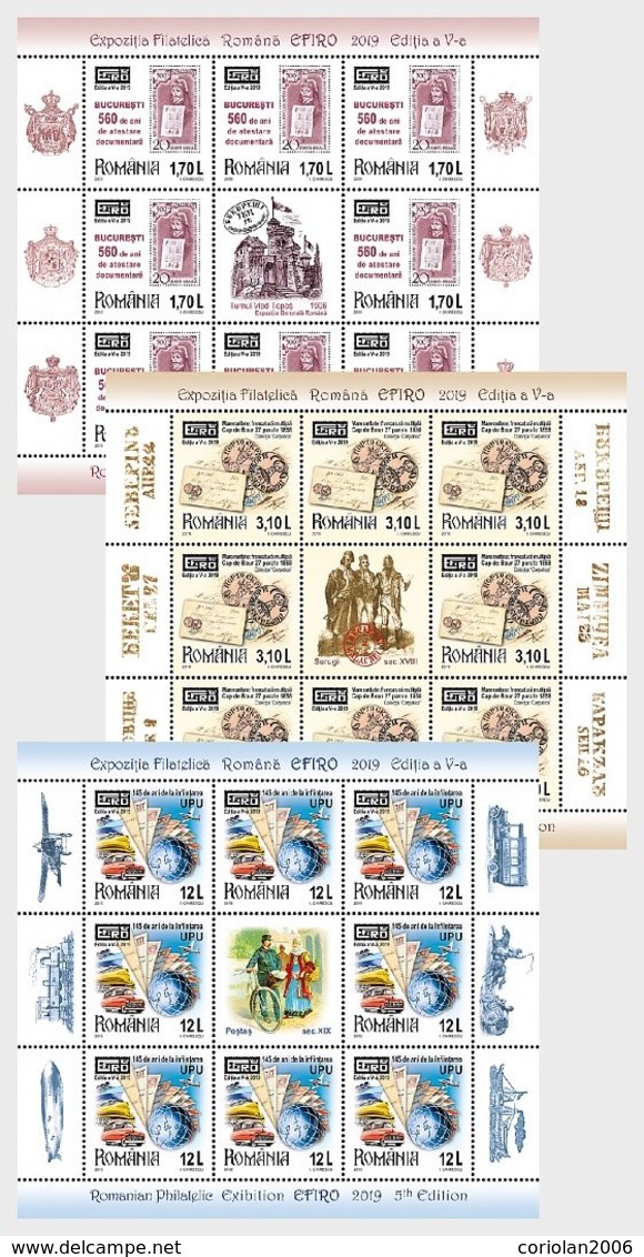 Romania 2019 / Romanian Philatelic Exhibition EFIRO 2019, 5-th Edition / Set 3 MS With Labels And Tabs - Briefmarkenausstellungen