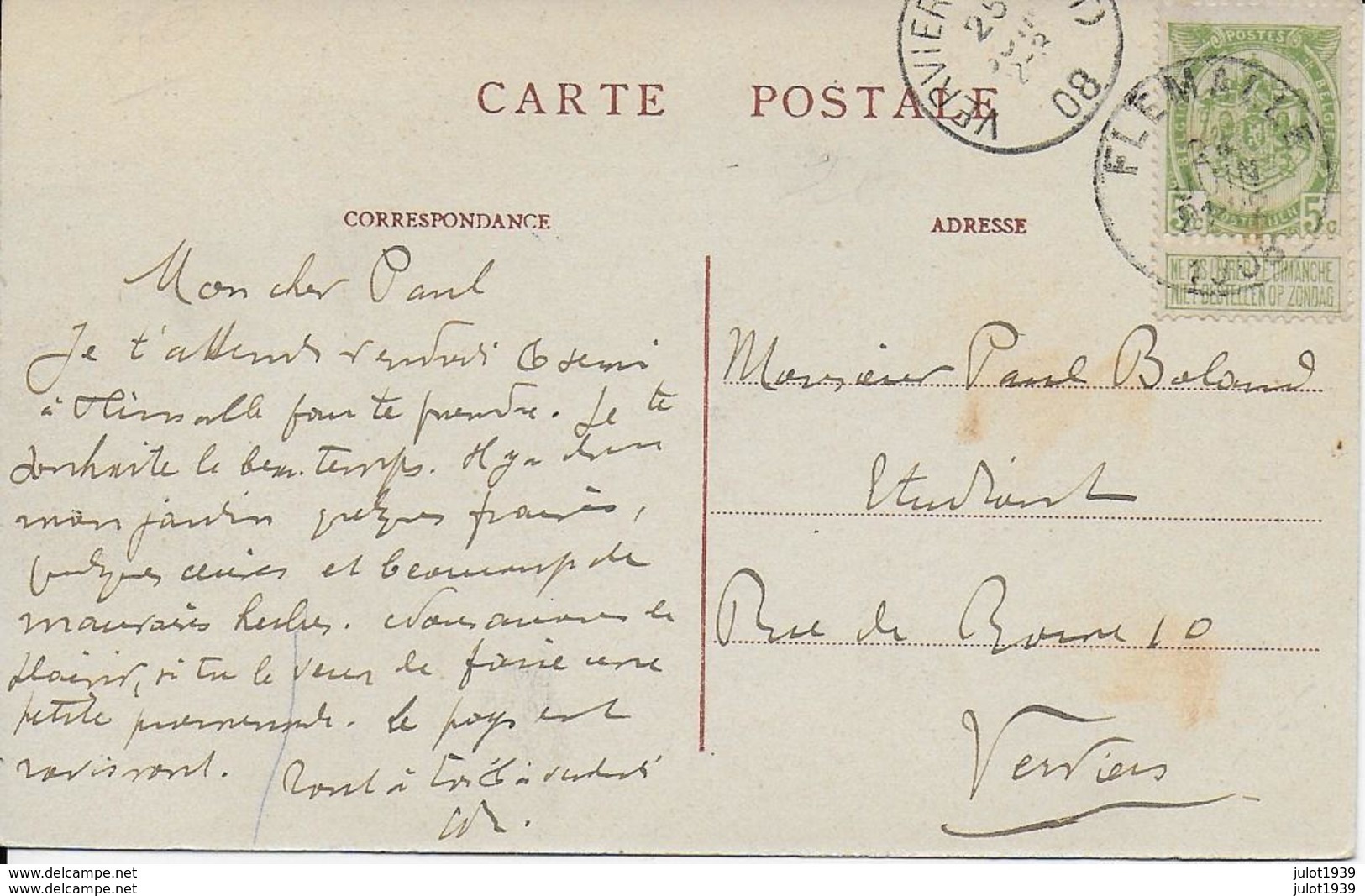 CHOKIER ..-- Charbonnages Du NORD . 1908 Vers VERVIERS ( Mr Paul BOLAND ) . Voir Verso . - Flémalle