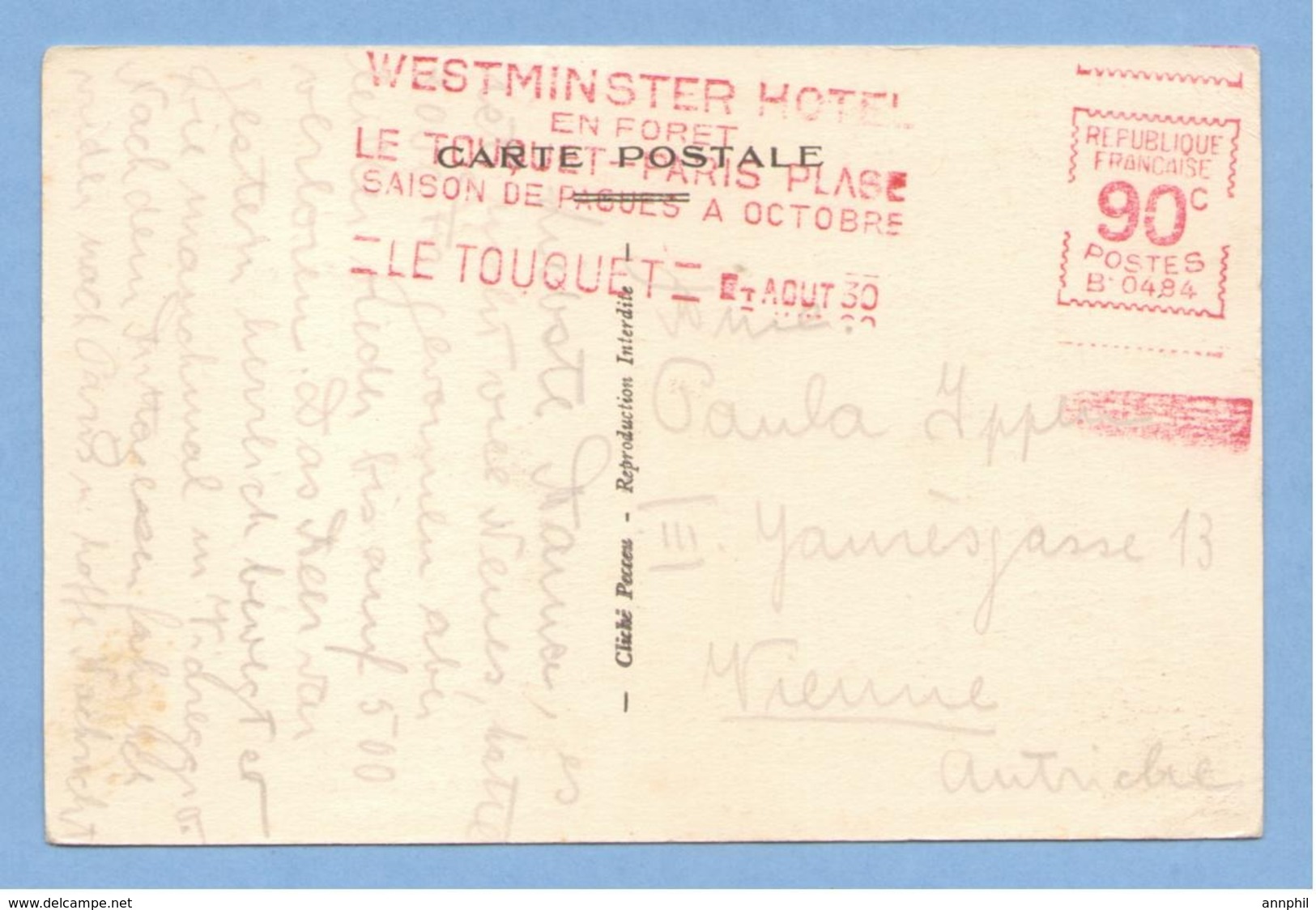 9398 Postcard Overprint Westminster Hotel 90 Centimes 1929 - Lettres & Documents
