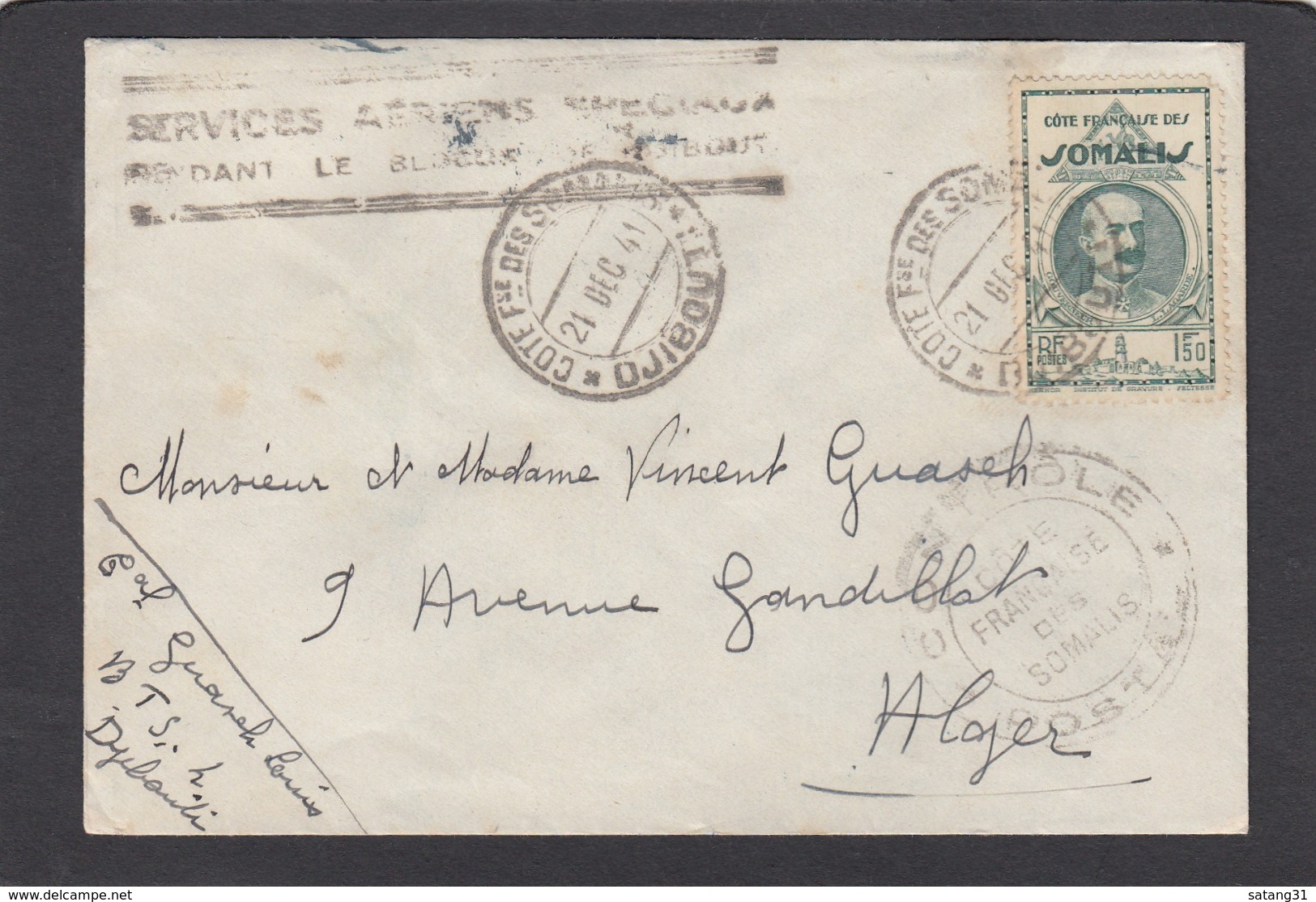 SERVICE AÉRIEN SPÉCIAL PENDANT LE BLOCUS DE DJIBOUTI,LETTRE POUR ALGER. - Lettres & Documents