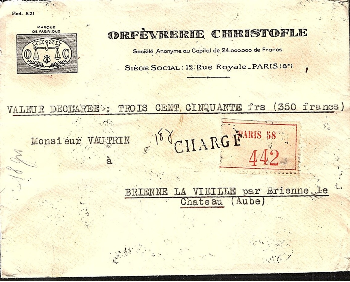 LETTRE RECOMMANDEE ET CHARGEE PARIS 1938 - CACHET POSTAL ARRIVEE BRIENNE LE CHATEAU - - 1921-1960: Modern Period