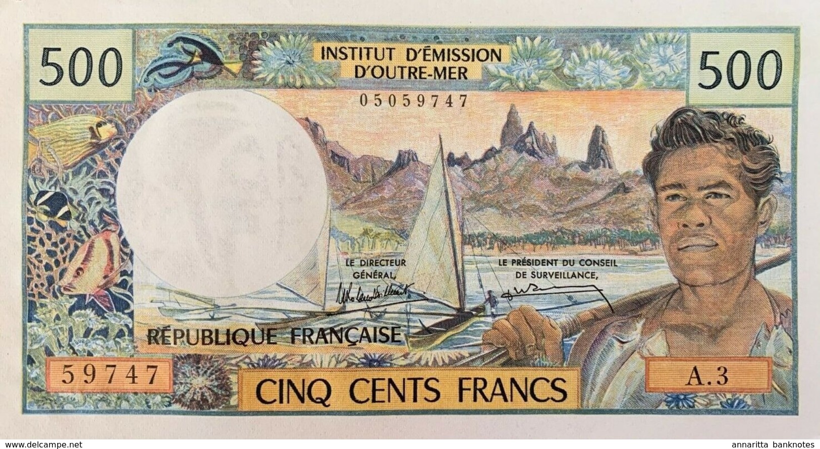 Tahiti (French Oceania) 500 Francs ND (1985) , UNC (P-25d, B-404e) S/N 59747 - Papeete (French Polynesia 1914-1985)