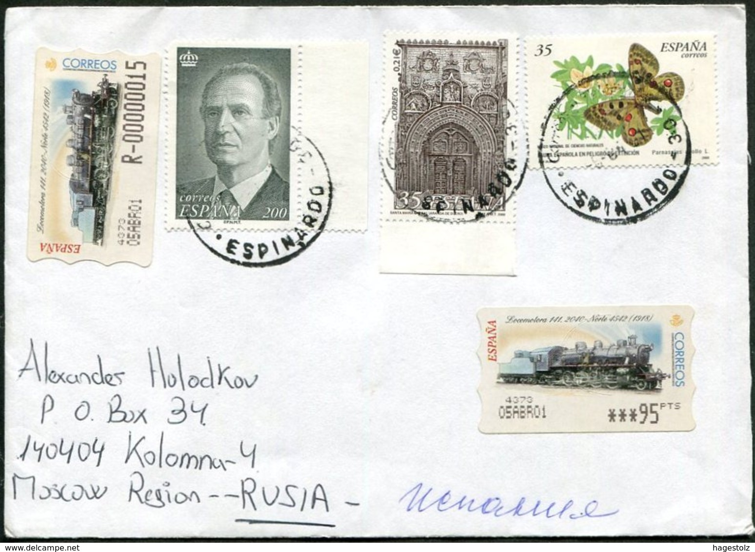 España Spain 2001 ESPINARDO Pmk Commercial Registered Cover ATM Stamps Railway Locomotive Train + Butterfly > Russia - Covers & Documents