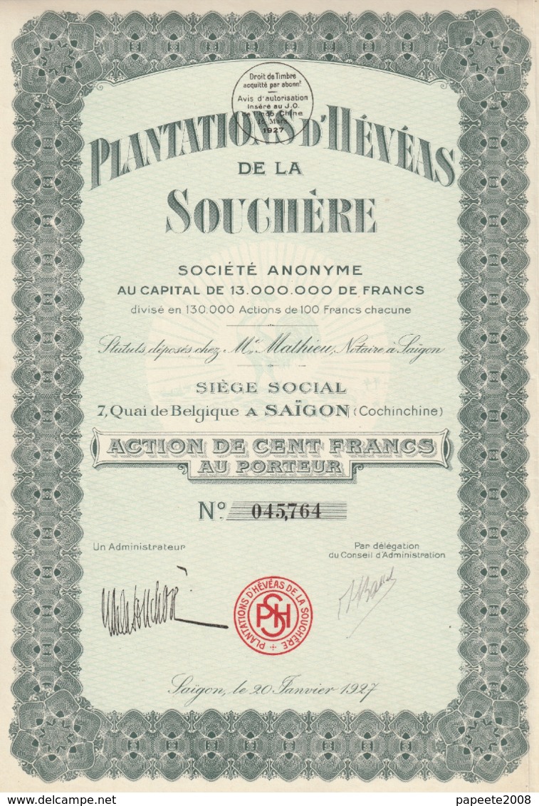 Indochine - Plantations D'hévéas De La Souchère - Action De 100 F / 1927 - Asie