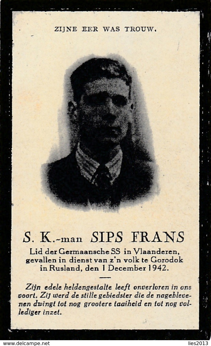 Oorlogsslachtoffer, 1942, Frans Sips, S.K.-Man, Gorodok, Rusland, Mechelen, Witebak, Oostfronter - Devotieprenten