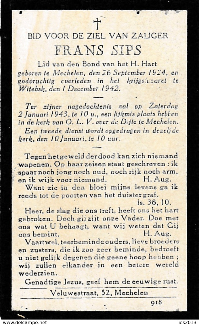 Oorlogsslachtoffer, 1942, Frans Sips, S.K.-Man, Gorodok, Rusland, Mechelen, Witebak, Oostfronter - Devotieprenten