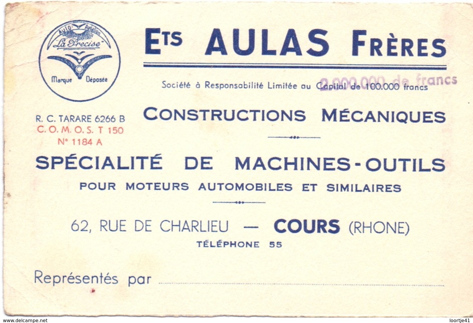 Visitekaartje - Carte Visite - Machines Outils Ets Aulas Frères - Cours Rhone - Cartes De Visite