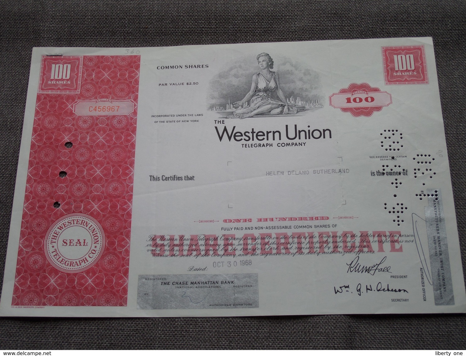 The WESTERN UNION Telegraph Company ( Helen Delano Sutherland > Owner ) 1968 > C456967 ( Voir Photo ) ! - Sonstige & Ohne Zuordnung