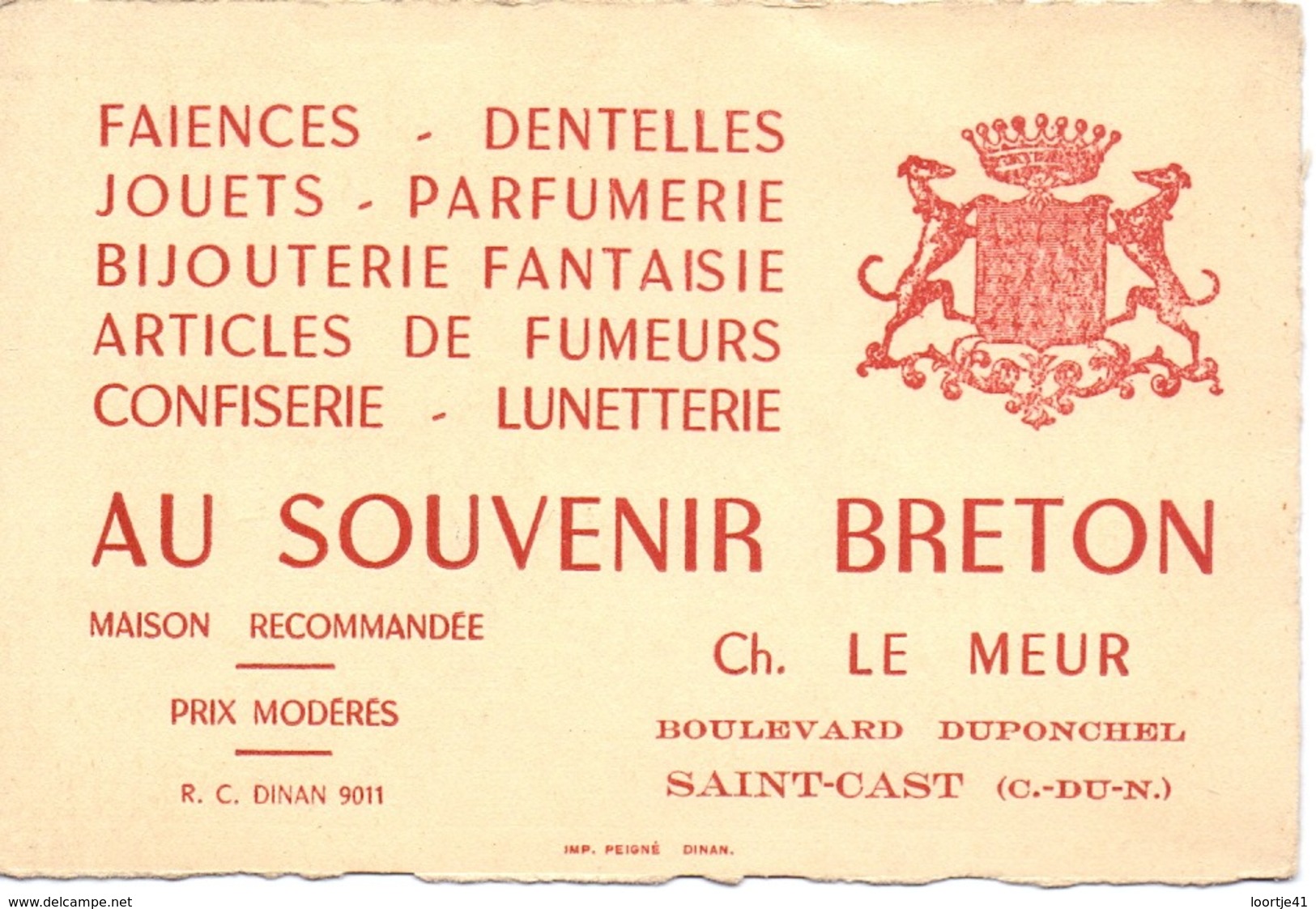 Visitekaartje - Carte Visite - Faience Dentelles - Au Souvenir Breton - Ch. Le Meur à Saint Cast - Visitekaartjes