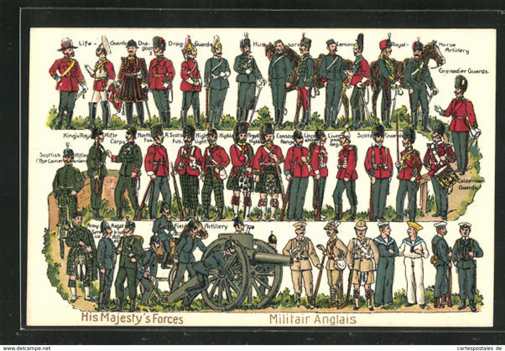 Embossed Pc His Majesty`s Forces, Militair Anglais, Lancers, Scots Guards & Grenadier Guards, Soldaten In Uniformen - Other & Unclassified