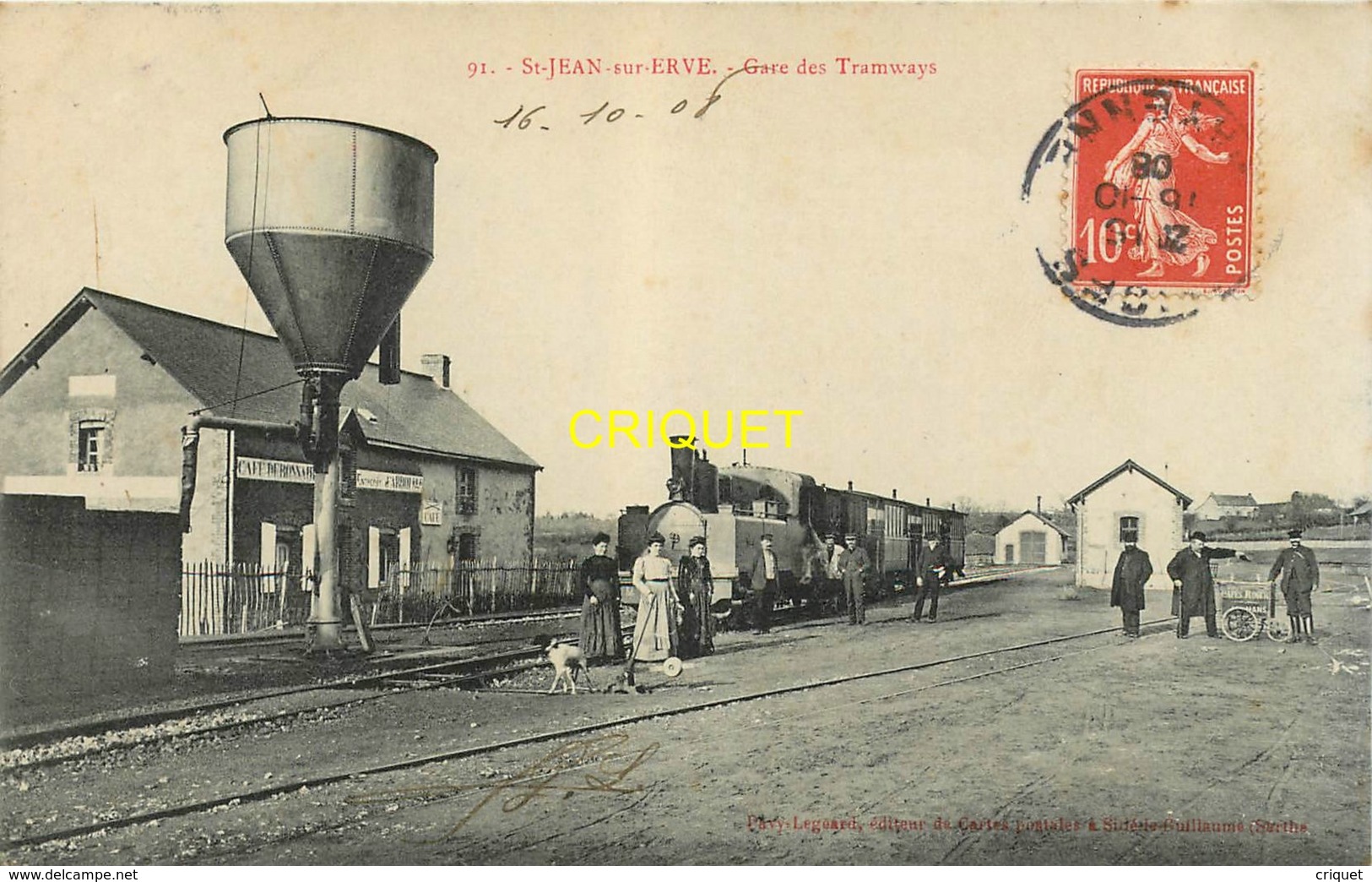 53 St Jean Sur Erve, Gare Des Tramways, Beau Train, Cheminots, Réservoir D'eau..., Affranchie 1908 + Cachet Lettre A - Autres & Non Classés
