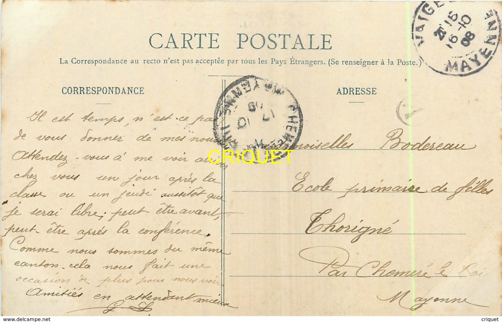 53 St Jean Sur Erve, Gare Des Tramways, Beau Train, Cheminots, Réservoir D'eau..., Affranchie 1908 + Cachet Lettre A - Autres & Non Classés