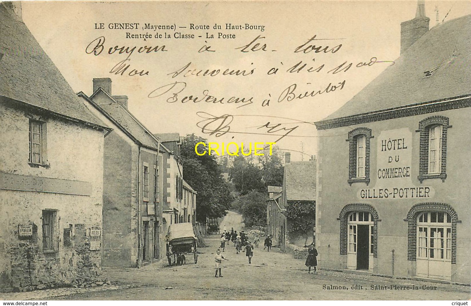 53 Le Genest, Route Du Haut-Bourg, Rentrée De La Classe, La Poste, Hotel Du Commerce, 1911 - Le Genest Saint Isle