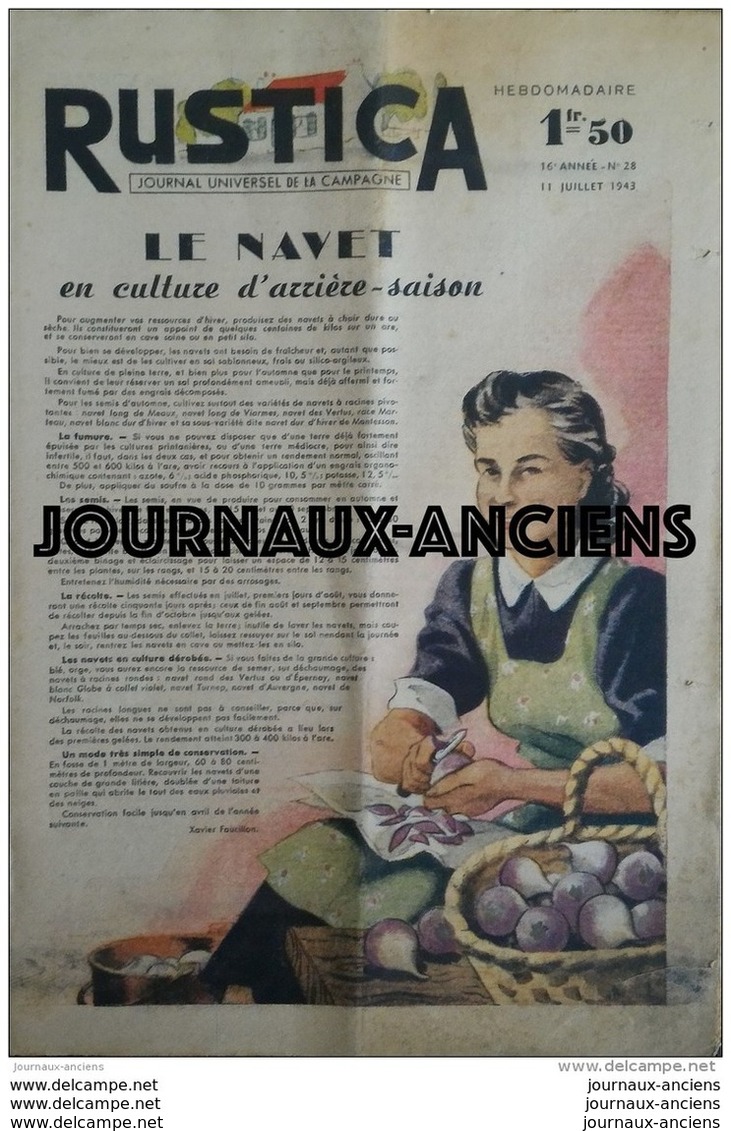 1943 RUSTICA Journal Universel De La Campagne N° 28 LE NAVET EN CULTURE D'ARRIERE SAISON - Autres & Non Classés