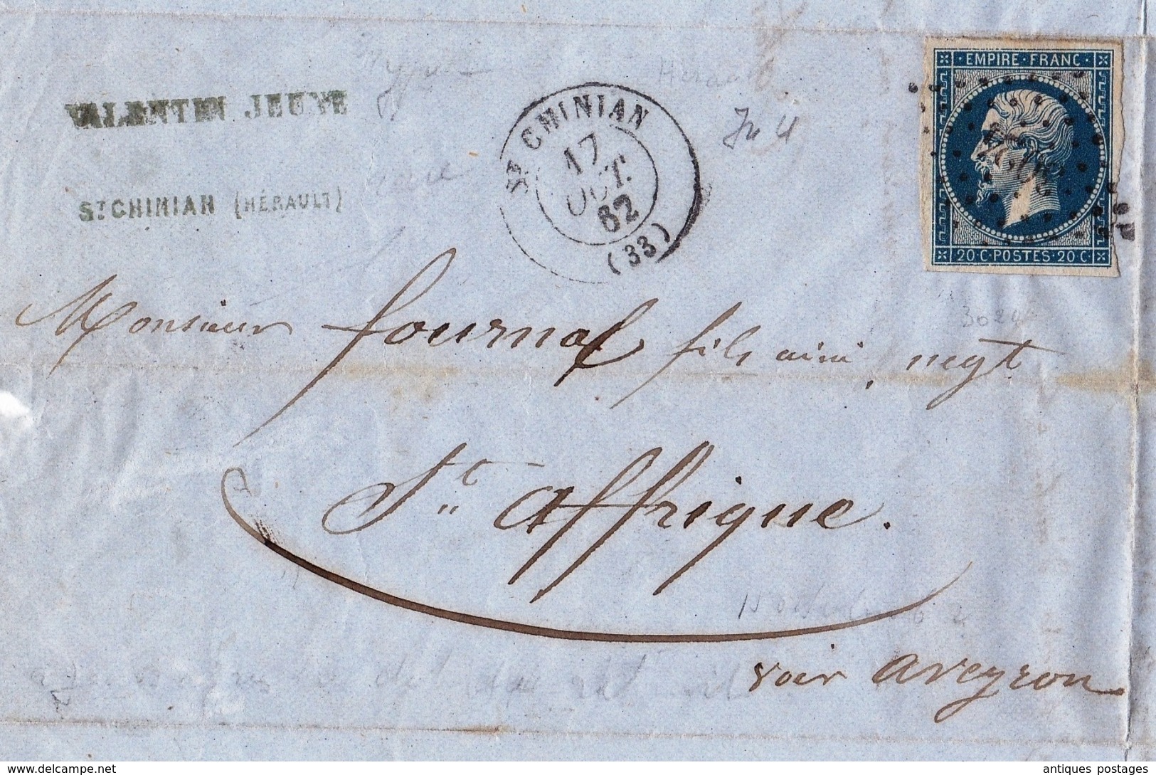 Lettre 1862 Saint Chinian Hérault Valentin Jeune Saint Affrique Aveyron - 1853-1860 Napoléon III