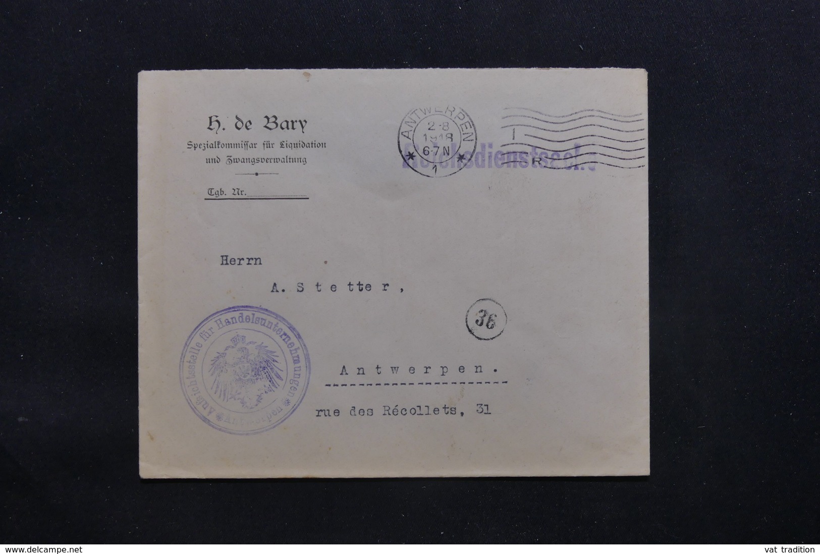 BELGIQUE - Enveloppe De Anvers En Franchise Pour Anvers En 1918 Avec Cachet De Contrôle - L 43077 - OC1/25 Gouvernement Général