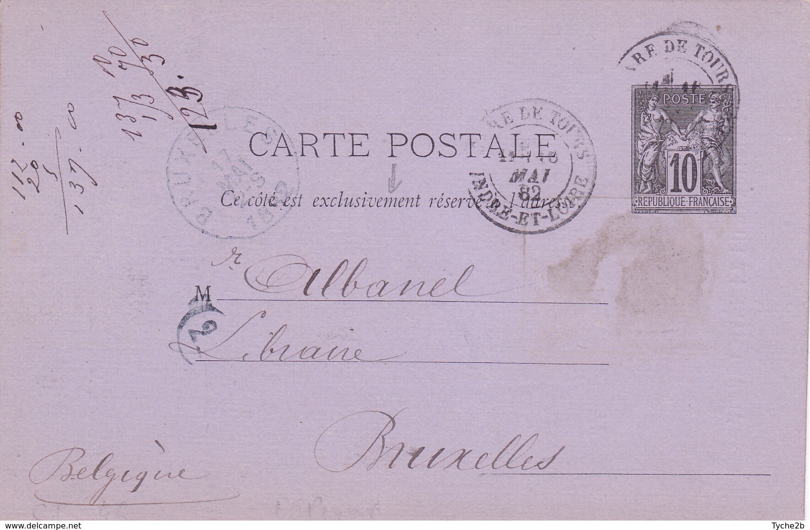 Carte Sage 10 C Noir G3 Oblitérée à Destination De Bruxelles Repiquage Alfred Mame - Cartes Postales Repiquages (avant 1995)