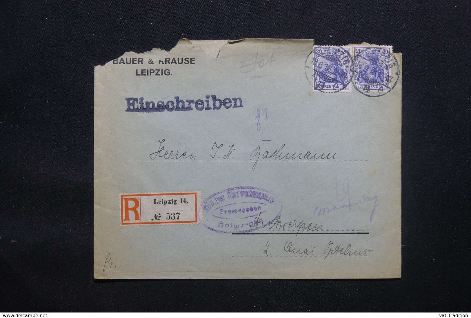 ALLEMAGNE - Enveloppe Commerciale En Recommandé De Leipzig Pour Anvers En 1918 Avec Cachet De Contrôle - L 43096 - Cartas & Documentos