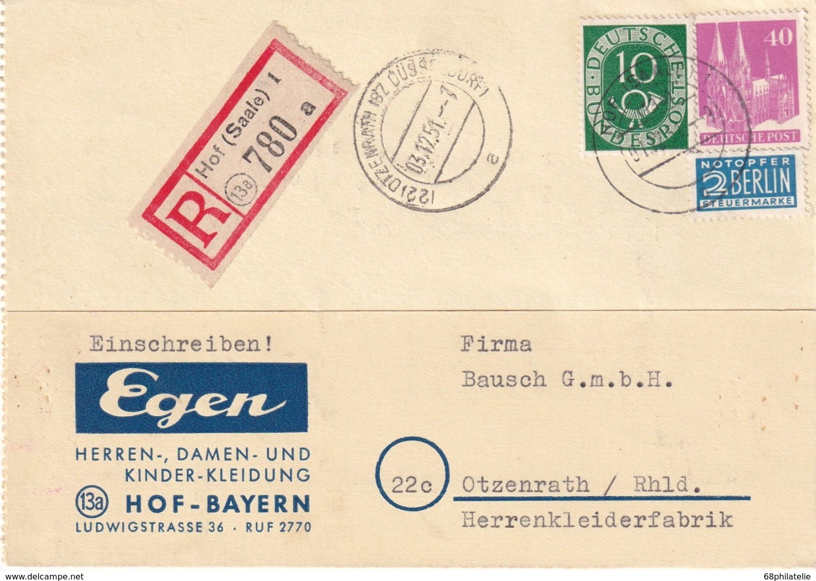 BUND 1951 CARTE RECOMMANDEE DE HOF - Briefe U. Dokumente