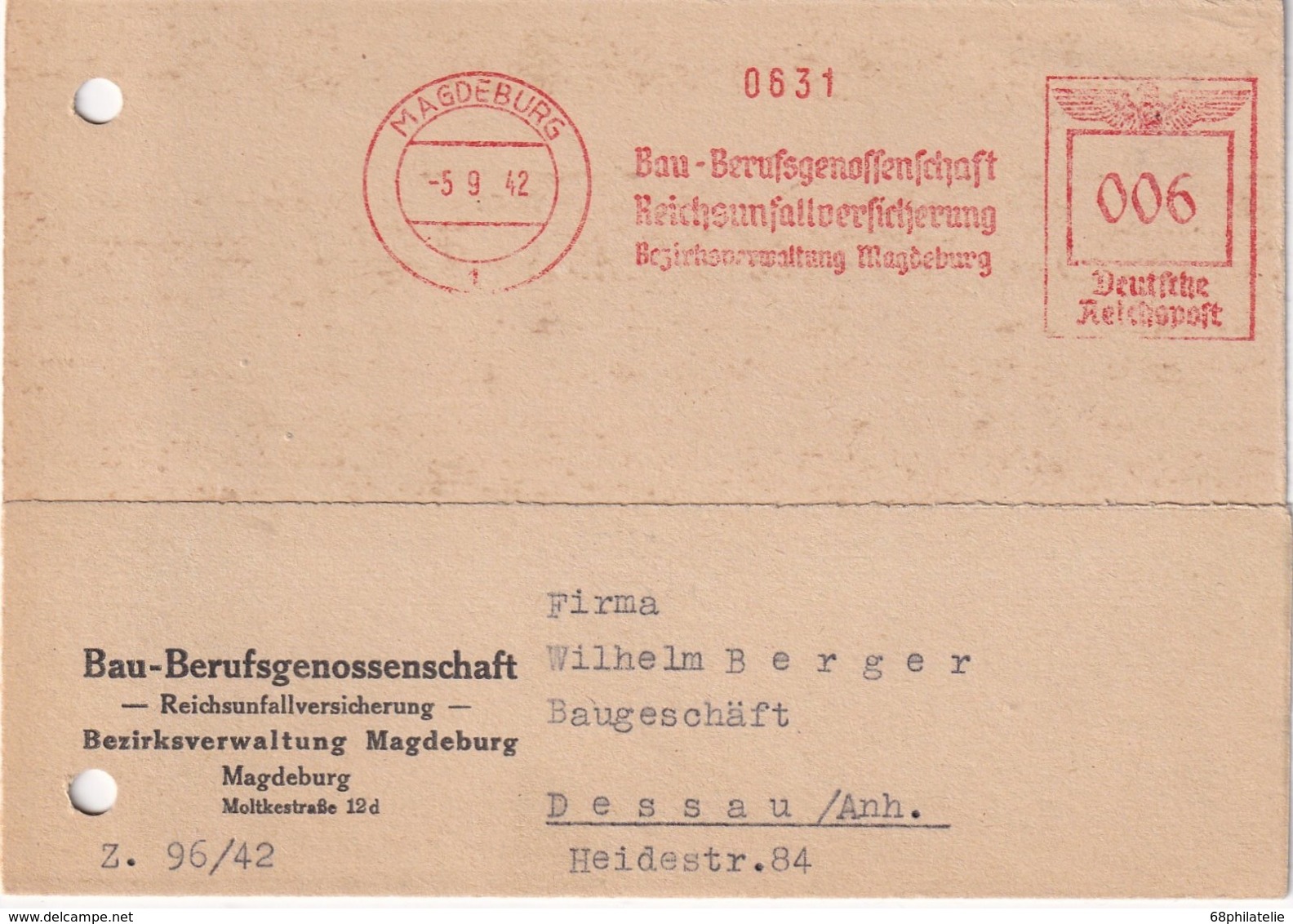 ALLEMAGNE 1942 CARTE EMA DE MAGDEBURG - Franking Machines (EMA)