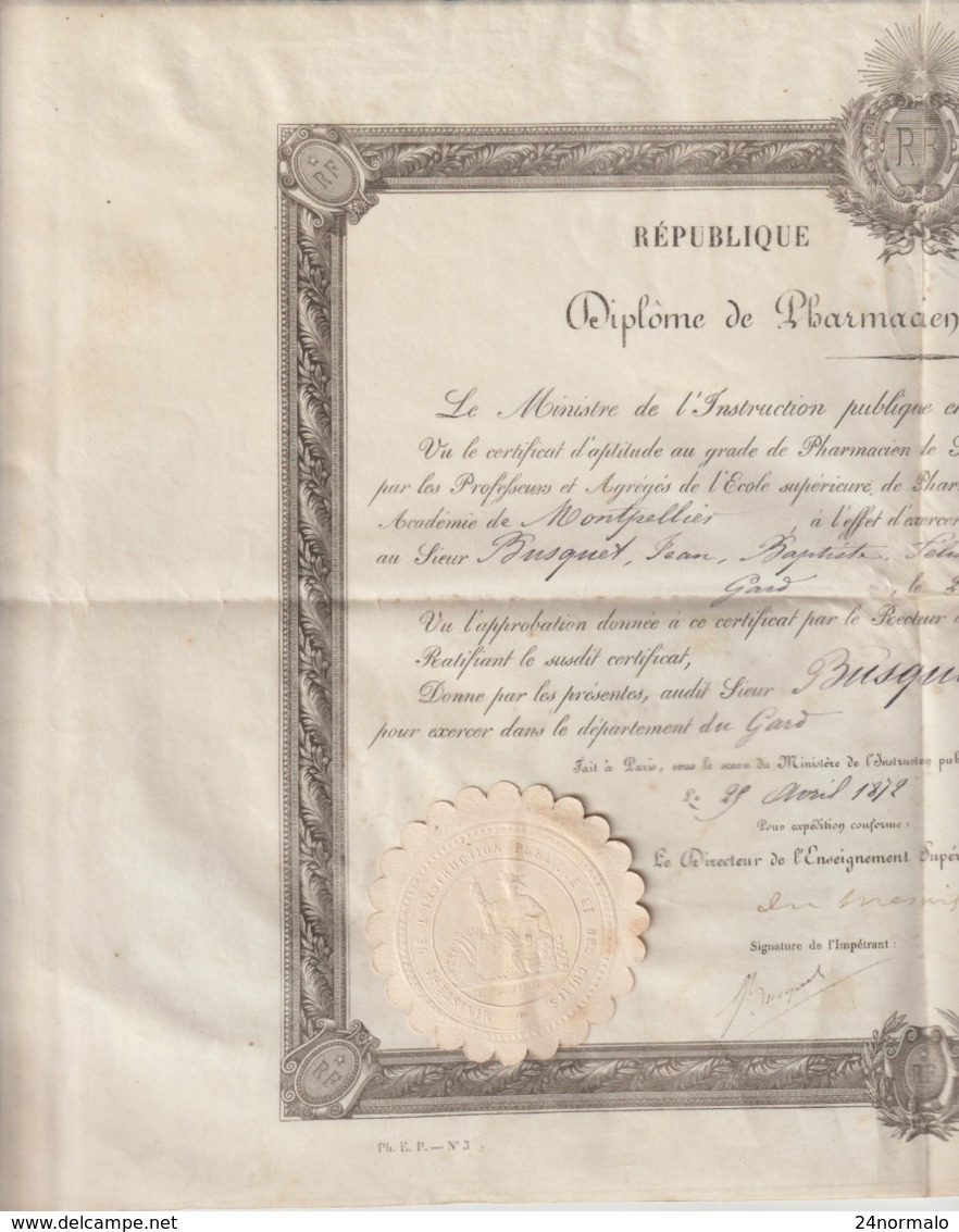 Arch. L.B (1) : Diplome De Pharmacien 2è Cl. 1872 Montpeller Jean Busquet Remoulins Gard - Historical Documents