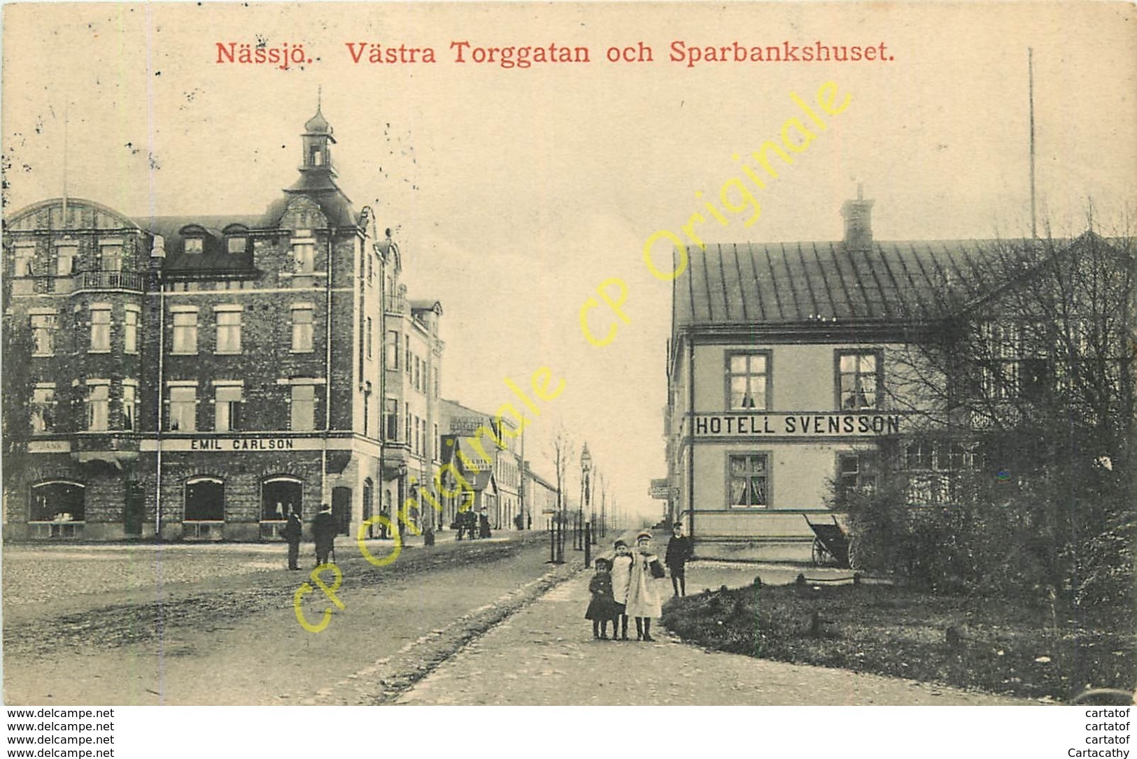 Nässjö .  Västra Torggatan Och Sparbankshuset .  CPA Animée .  ( Hôtel SVENSON ) . - Schweden