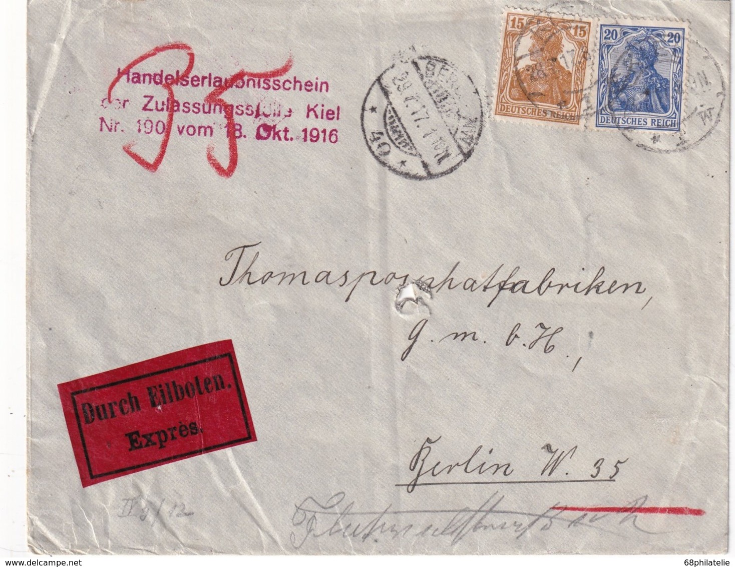 ALLEMAGNE 1917 LETTRE EXPRES DE KEIN POUR BERLIN - Cartas & Documentos