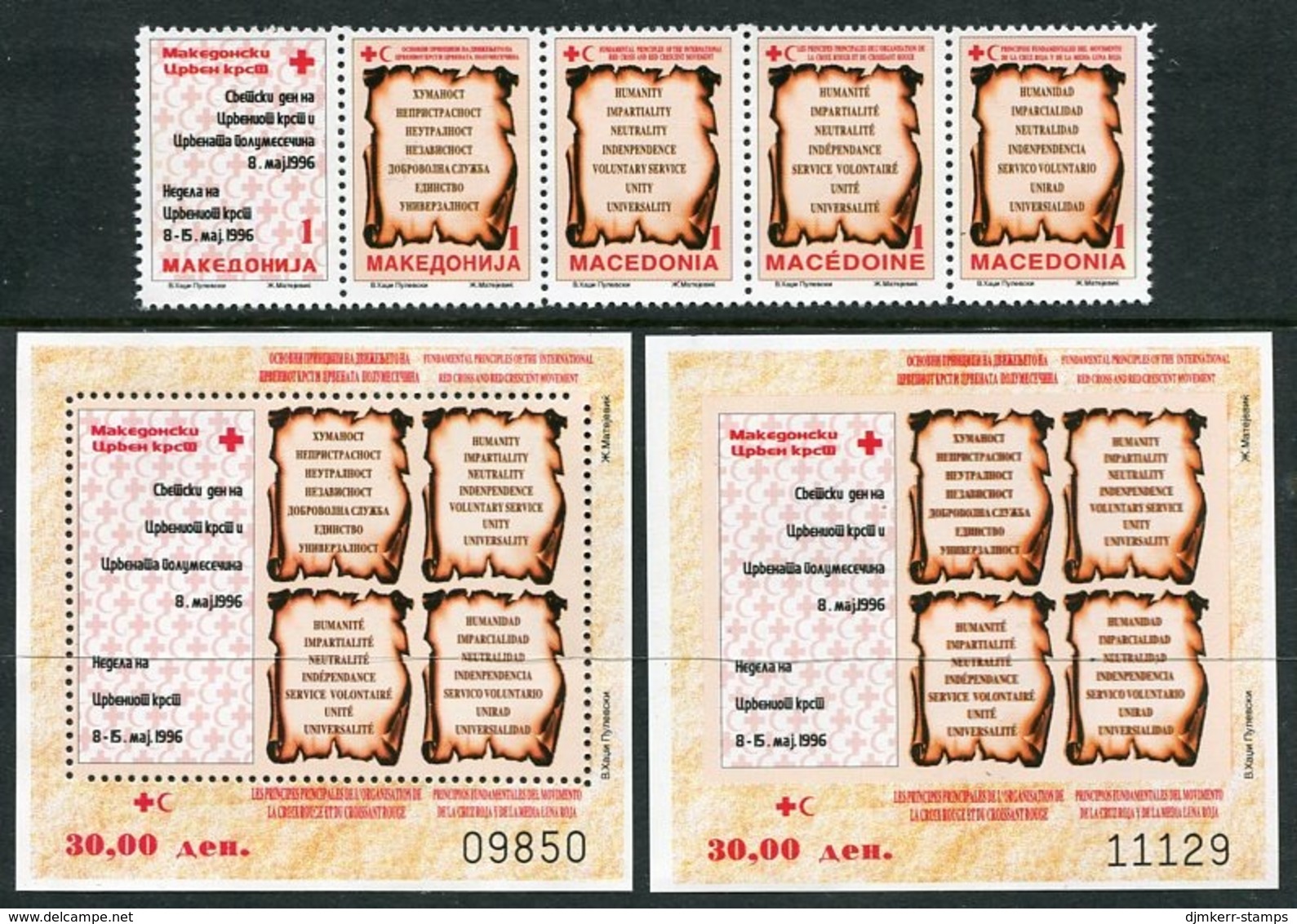 MACEDONIA 1996 Red Cross Week Tax Stamps And Blocks MNH / **.  Michel 84-88, Block 19A-B - Macedonia Del Nord
