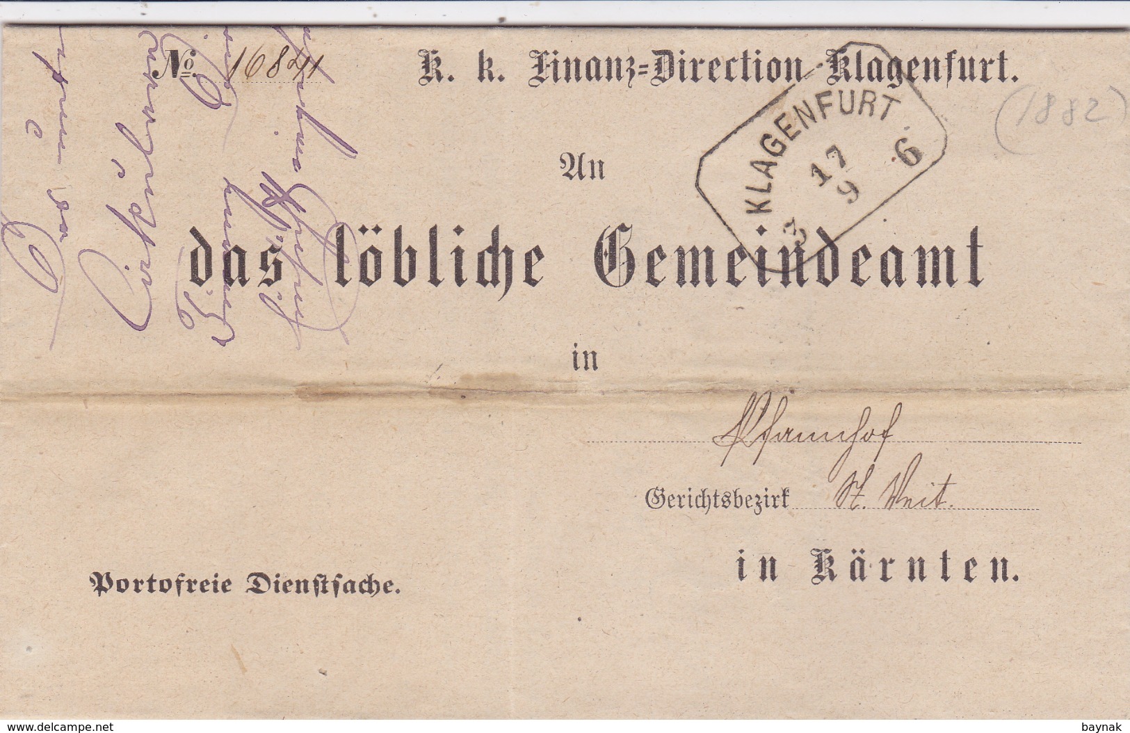 BRIEF KLAGENFURT    --  NACH  ST. VEIT   --  VERLAUTBARUNG  --  1882 - ...-1850 Vorphilatelie